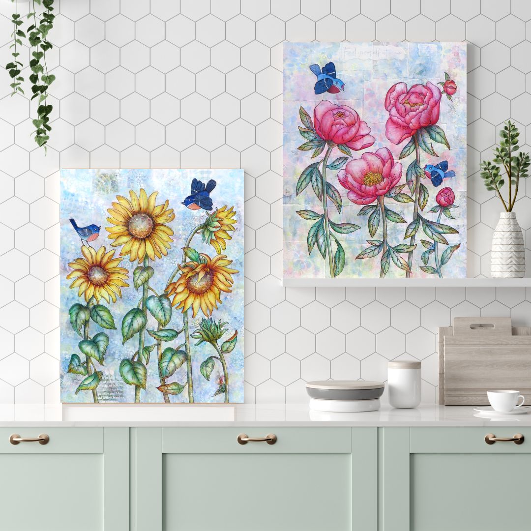 Songbirds In The Peonies 14x11 Original Painting