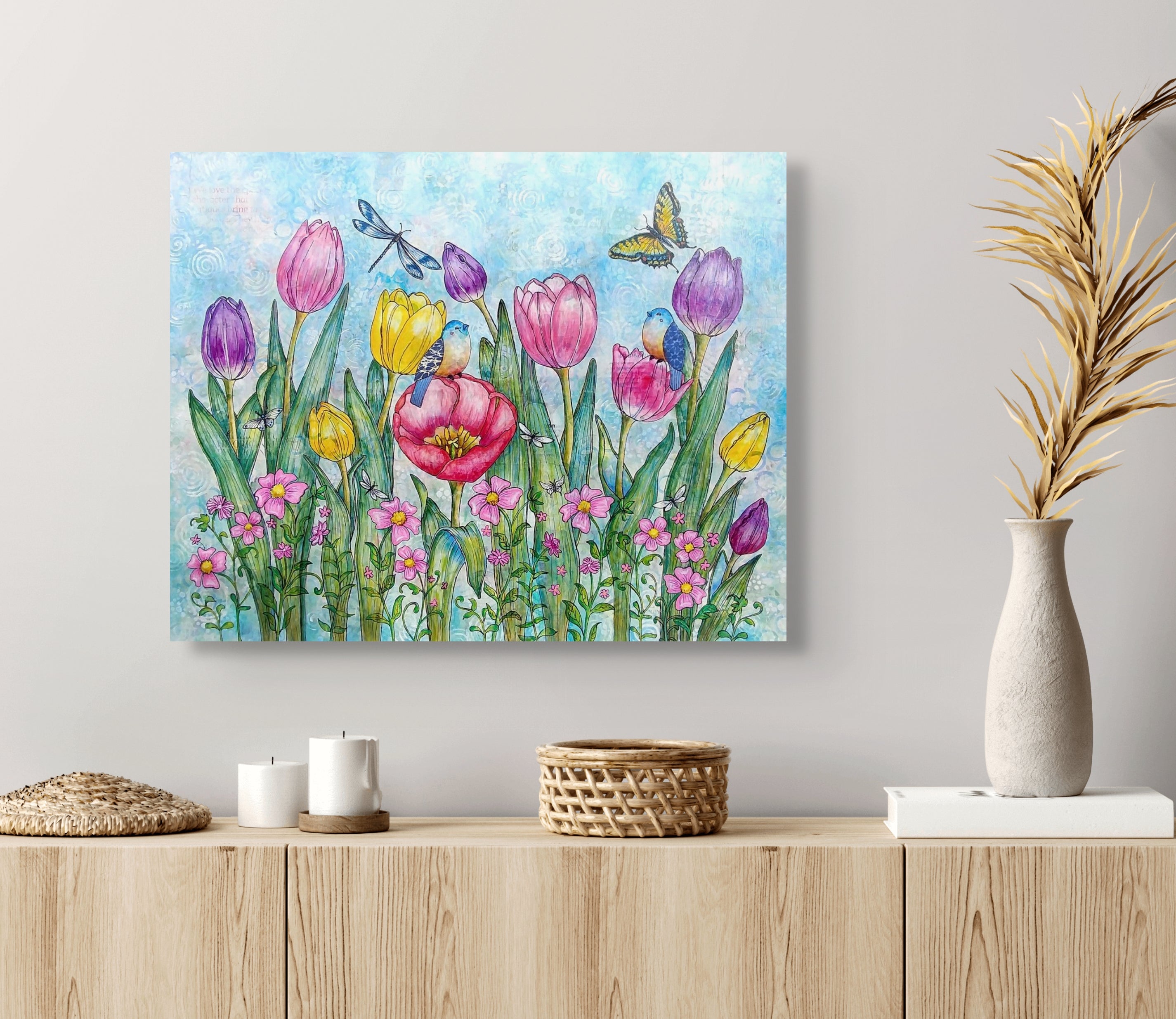 Bluebird Spring Garden Painting | 16x20 Original Art – Laura