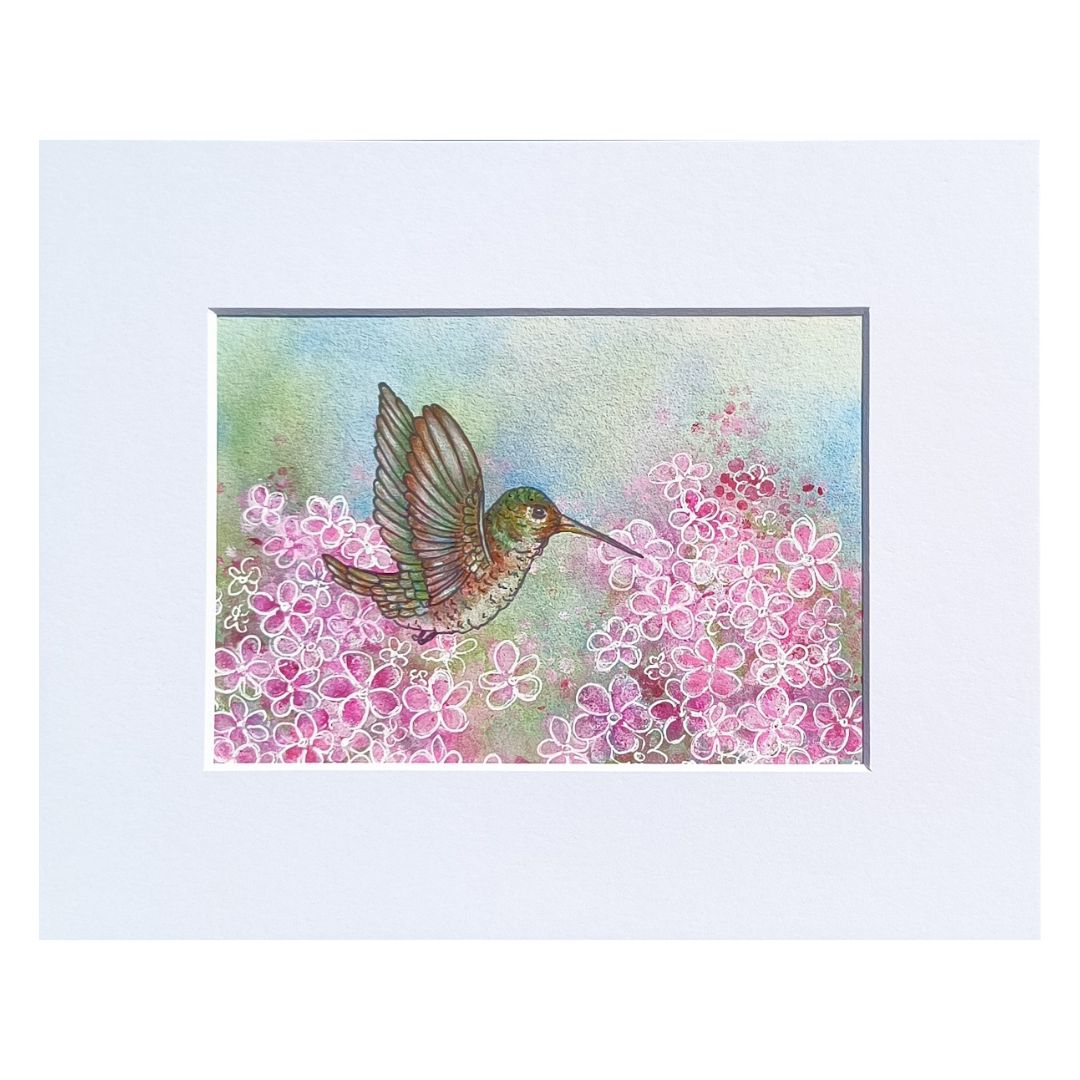 Phlox and Feathers 5"x7" Female Hummingbird Painting