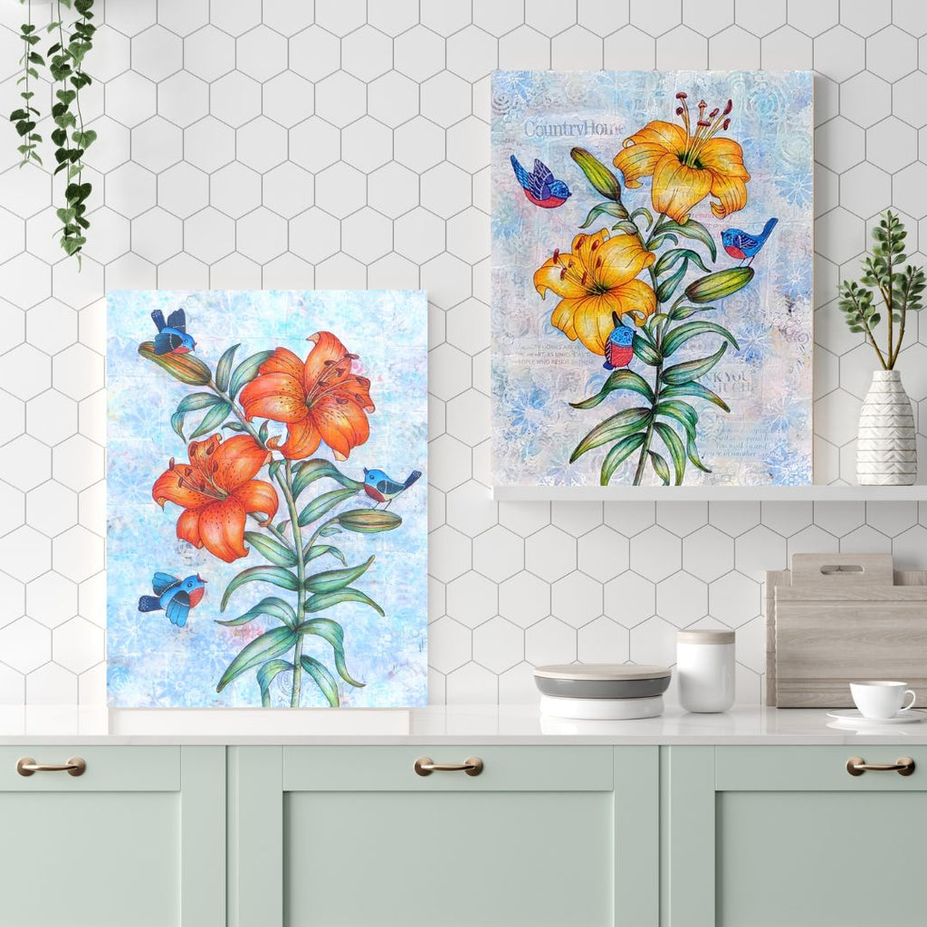 Tiger Lilies with Songbirds 14x11 Original Mixed Media Painting