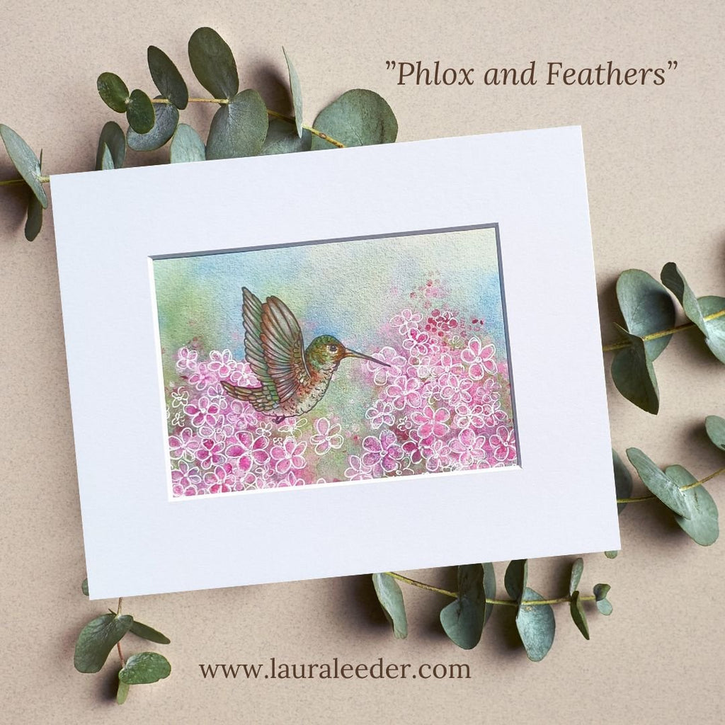 Phlox and Feathers 5"x7" Female Hummingbird Painting