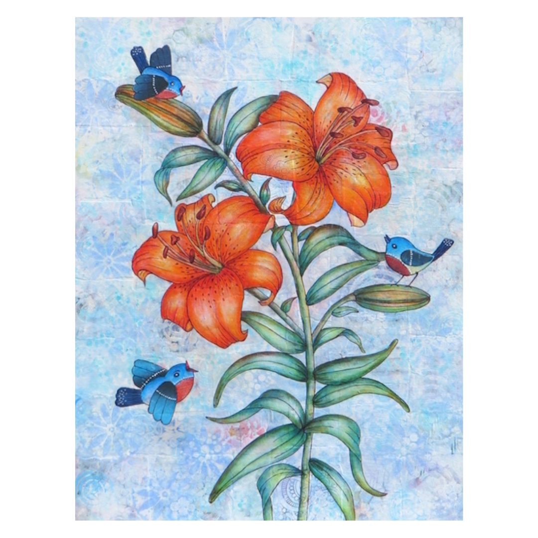Tiger Lilies with Songbirds 14x11 Original Mixed Media Painting