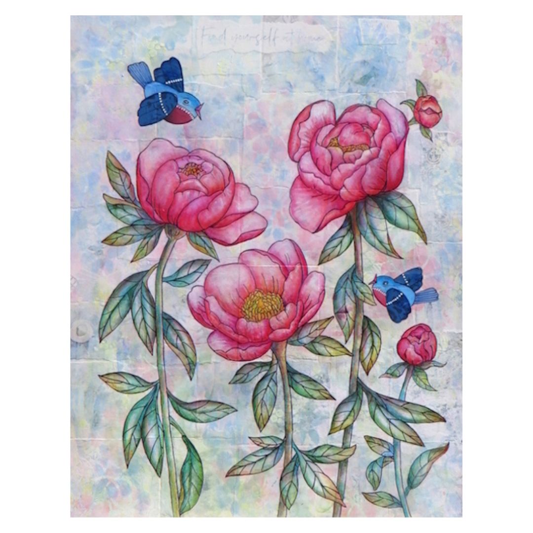 Songbirds In The Peonies 14x11 Original Painting